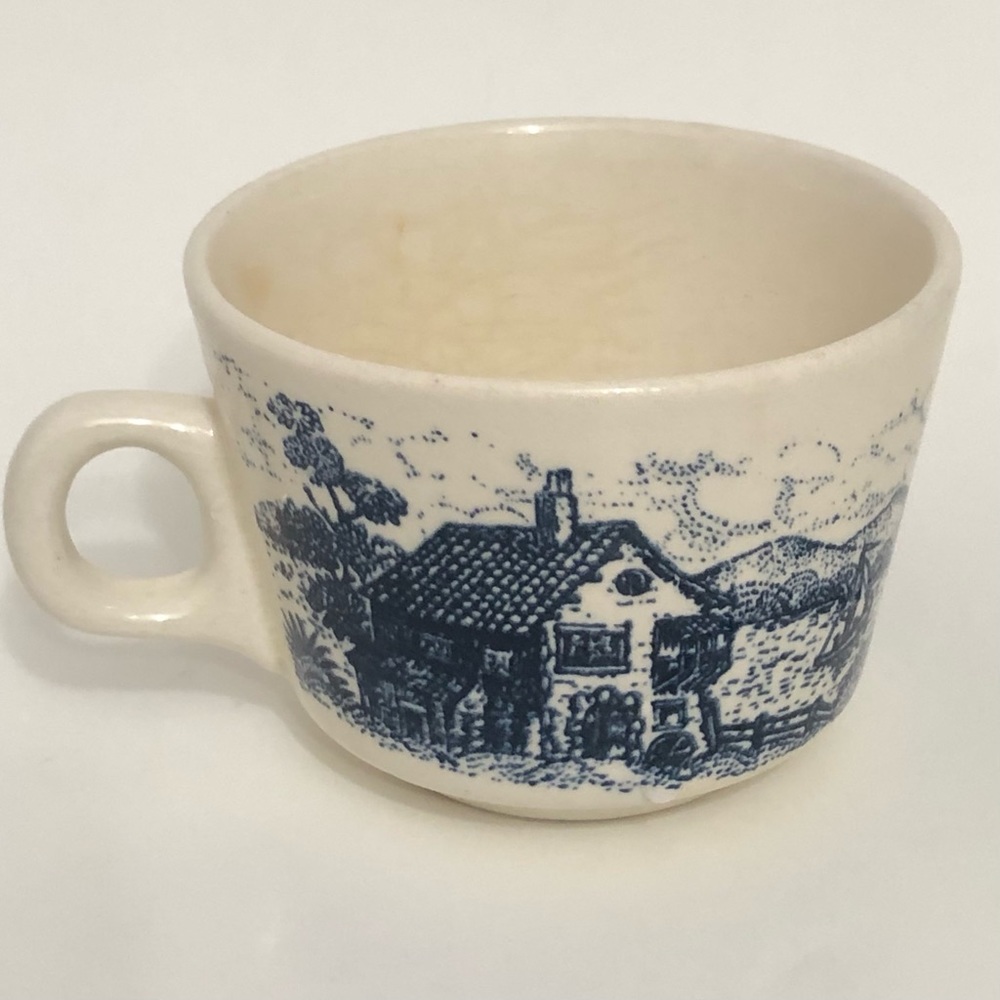 ANTIQUE cottagecore Teacup Pastoral Scene of Cottages & Sailboat before a Castle